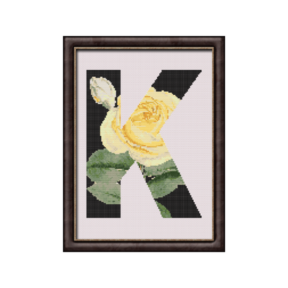 Yellow Rose on Black K Monogram Cross Stitch Pattern 