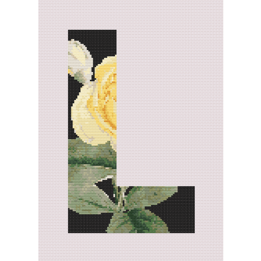 Yellow Rose on Black L Monogram Cross Stitch Pattern 