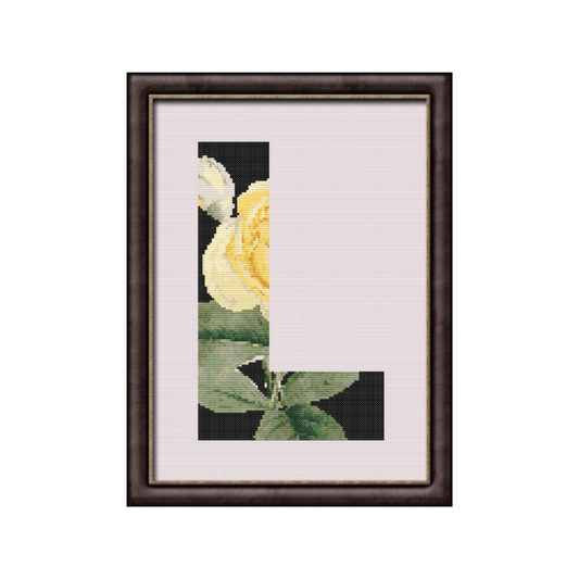 Yellow Rose on Black L Monogram Cross Stitch Pattern 