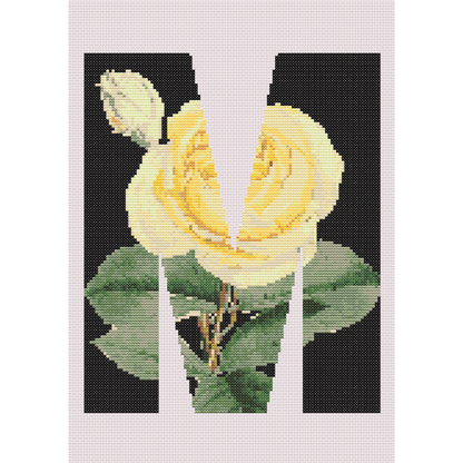 Yellow Rose on Black M Monogram Cross Stitch Pattern 