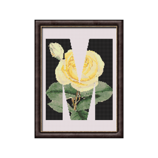 Yellow Rose on Black M Monogram Cross Stitch Pattern 