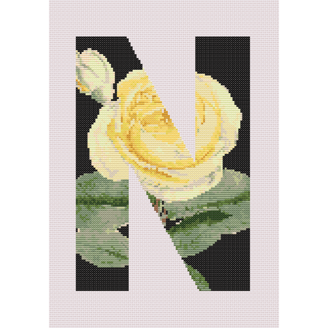 Yellow Rose on Black N Monogram Cross Stitch Pattern 