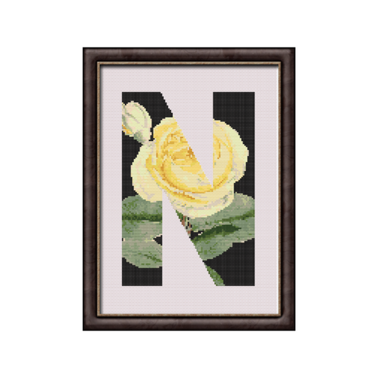 Yellow Rose on Black N Monogram Cross Stitch Pattern 