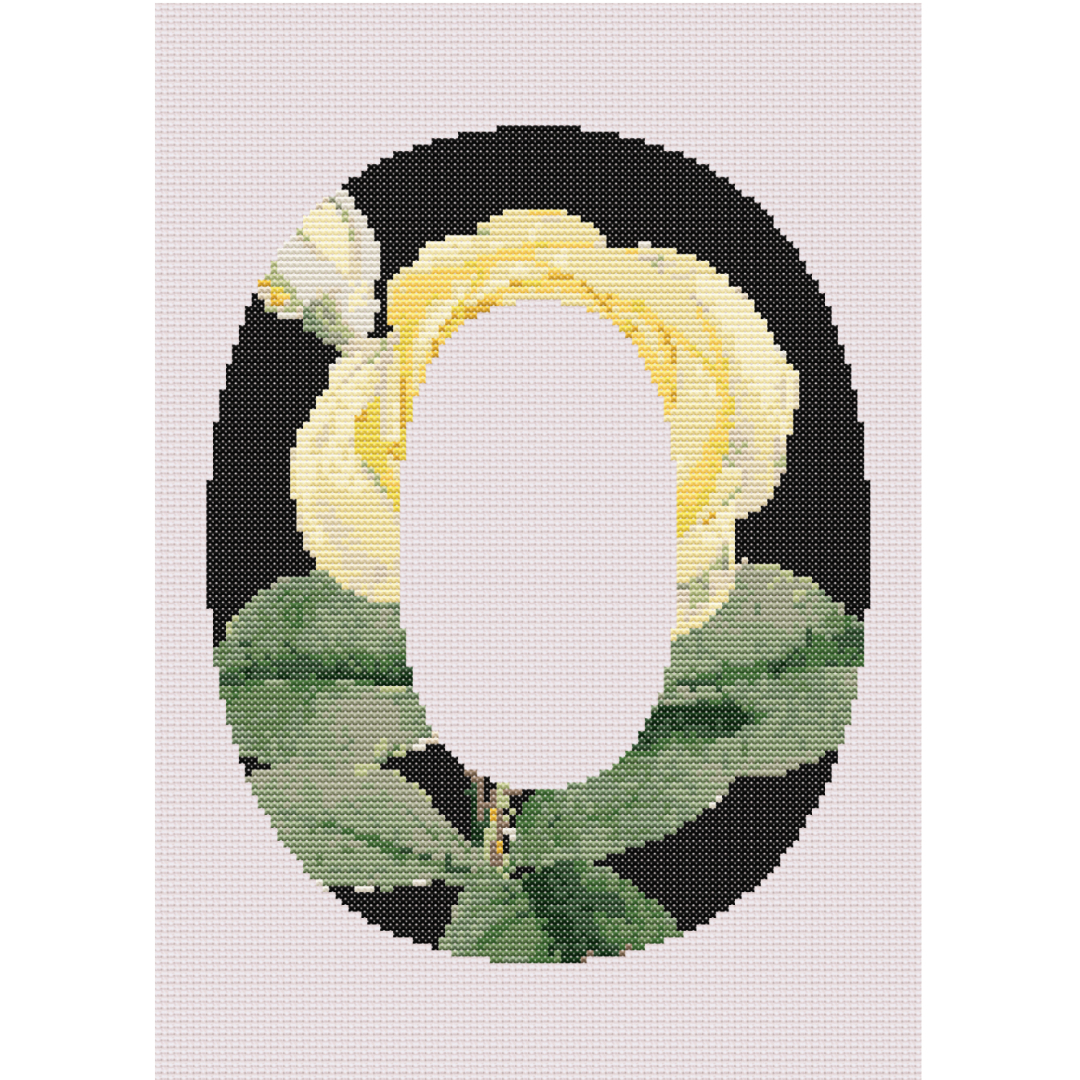 Yellow Rose on Black O Monogram Cross Stitch Pattern 