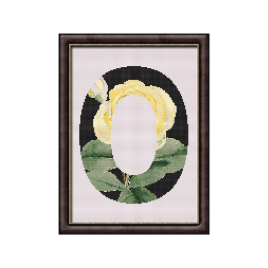 Yellow Rose on Black O Monogram Cross Stitch Pattern 