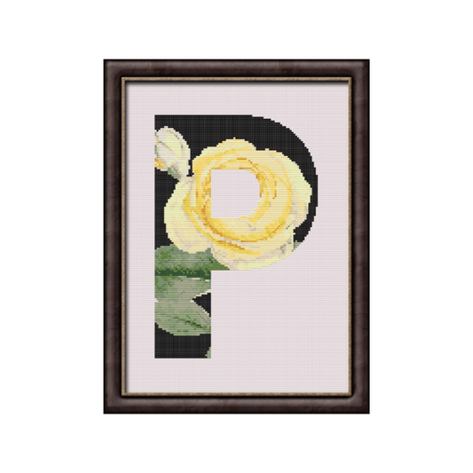 Yellow Rose on Black P Monogram Cross Stitch Pattern 