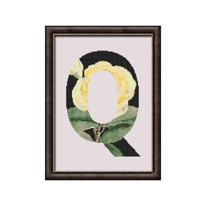 Yellow Rose on Black Q Monogram Cross Stitch Pattern 