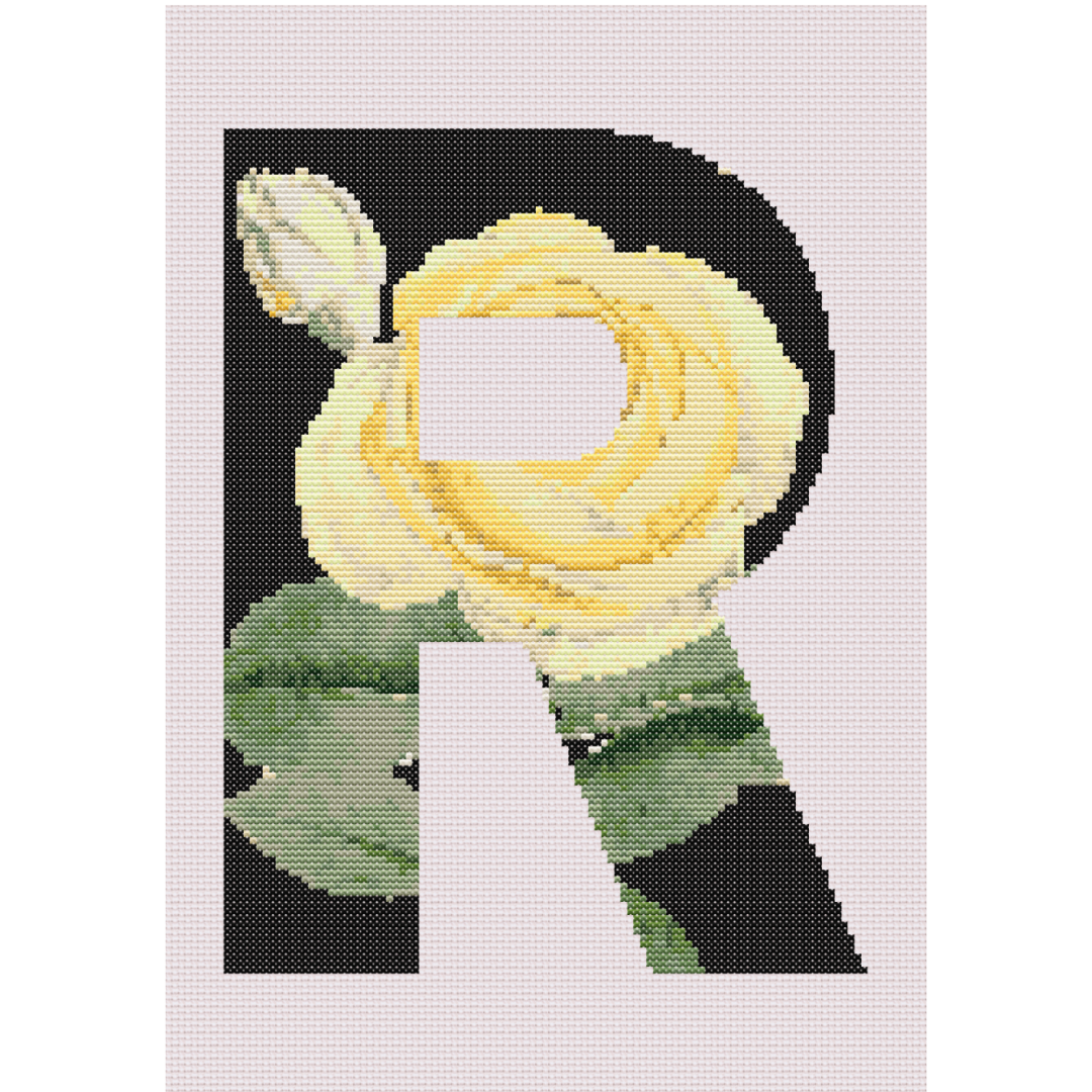 Yellow Rose on Black R Monogram Cross Stitch Pattern 