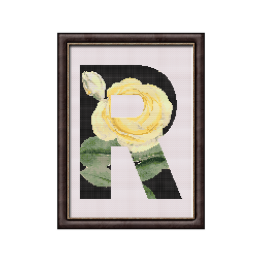 Yellow Rose on Black R Monogram Cross Stitch Pattern 