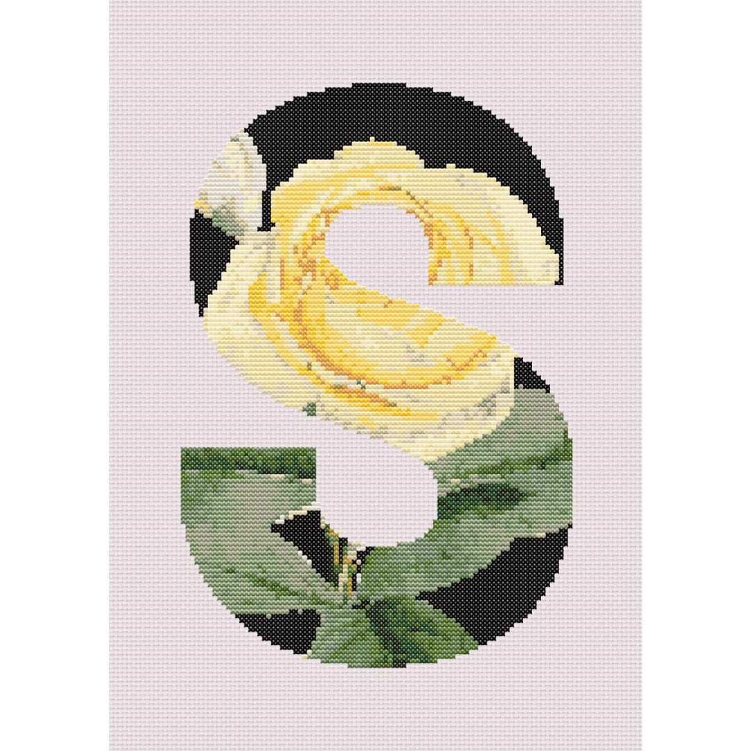 Yellow Rose on Black S Monogram Cross Stitch Pattern 