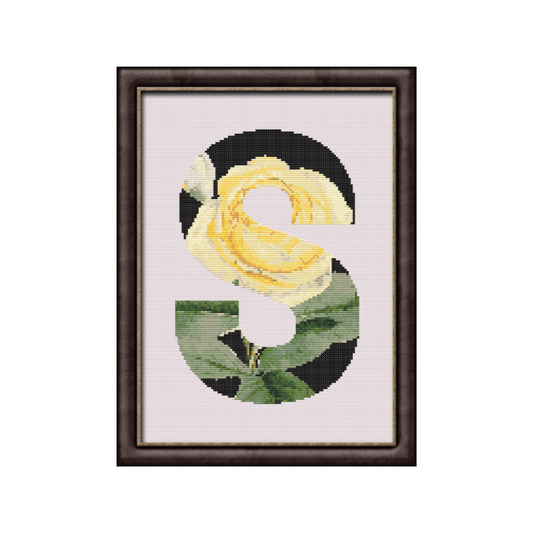 Yellow Rose on Black S Monogram Cross Stitch Pattern 