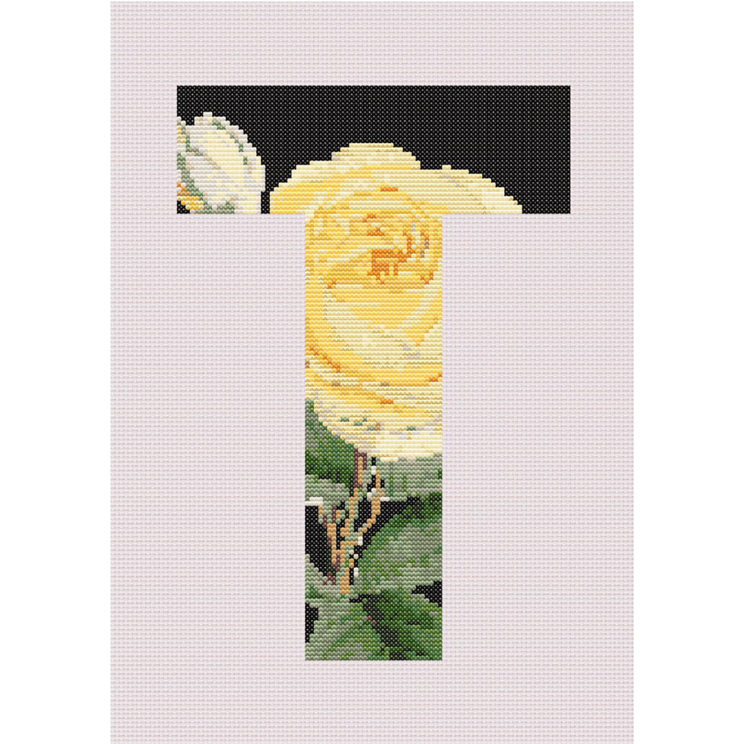 Yellow Rose on Black T Monogram Cross Stitch Pattern 