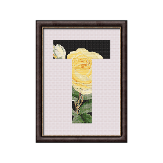 Yellow Rose on Black T Monogram Cross Stitch Pattern 