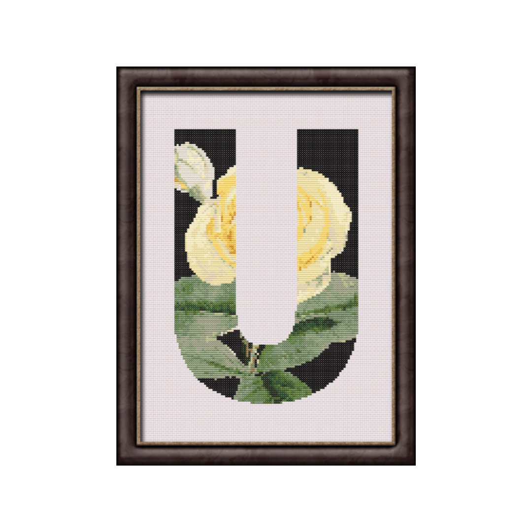 Yellow Rose on Black U Monogram Cross Stitch Pattern 