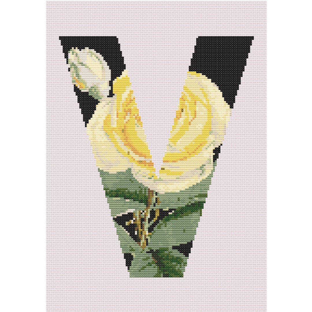 Yellow Rose on Black V Monogram Cross Stitch Pattern 