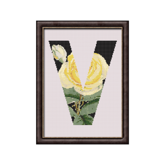 Yellow Rose on Black V Monogram Cross Stitch Pattern 