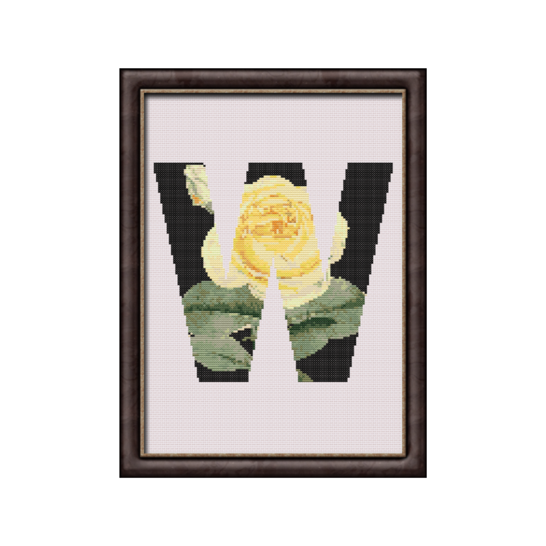 Yellow Rose on Black W Monogram Cross Stitch Pattern 