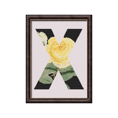 Yellow Rose on Black X Monogram Cross Stitch Pattern 