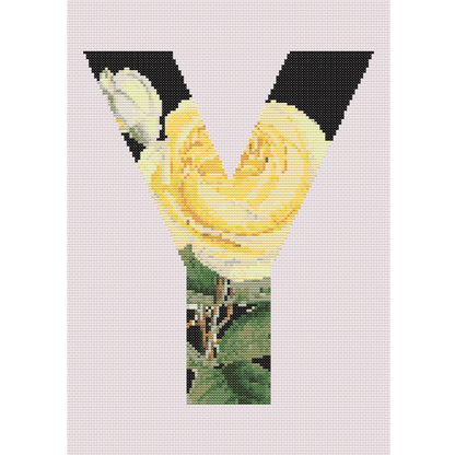 Yellow Rose on Black Y Monogram Cross Stitch Pattern 