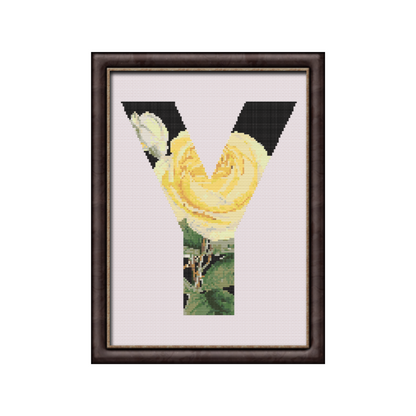 Yellow Rose on Black Y Monogram Cross Stitch Pattern 
