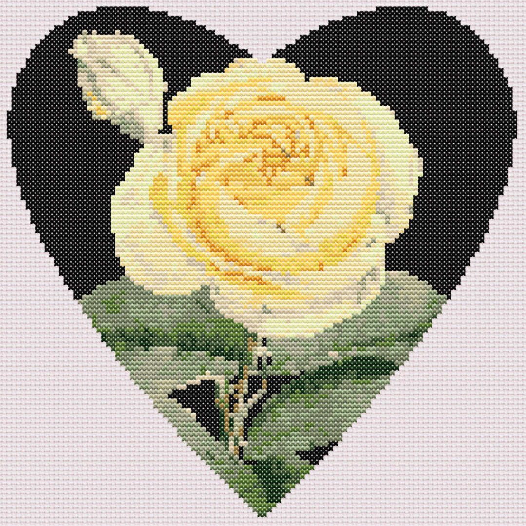 Yellow Rose on Black Heart Cross Stitch Pattern 