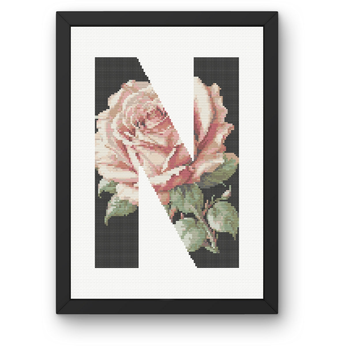 Pink Rose on Black N Monogram Cross Stitch Pattern 