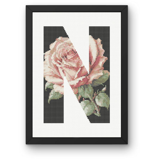 Pink Rose on Black N Monogram Cross Stitch Pattern 