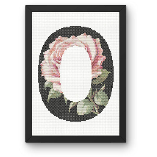 Pink Rose on Black O Monogram Cross Stitch Pattern 