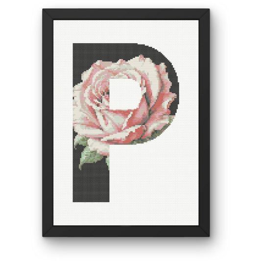 Pink Rose on Black P Monogram Cross Stitch Pattern 