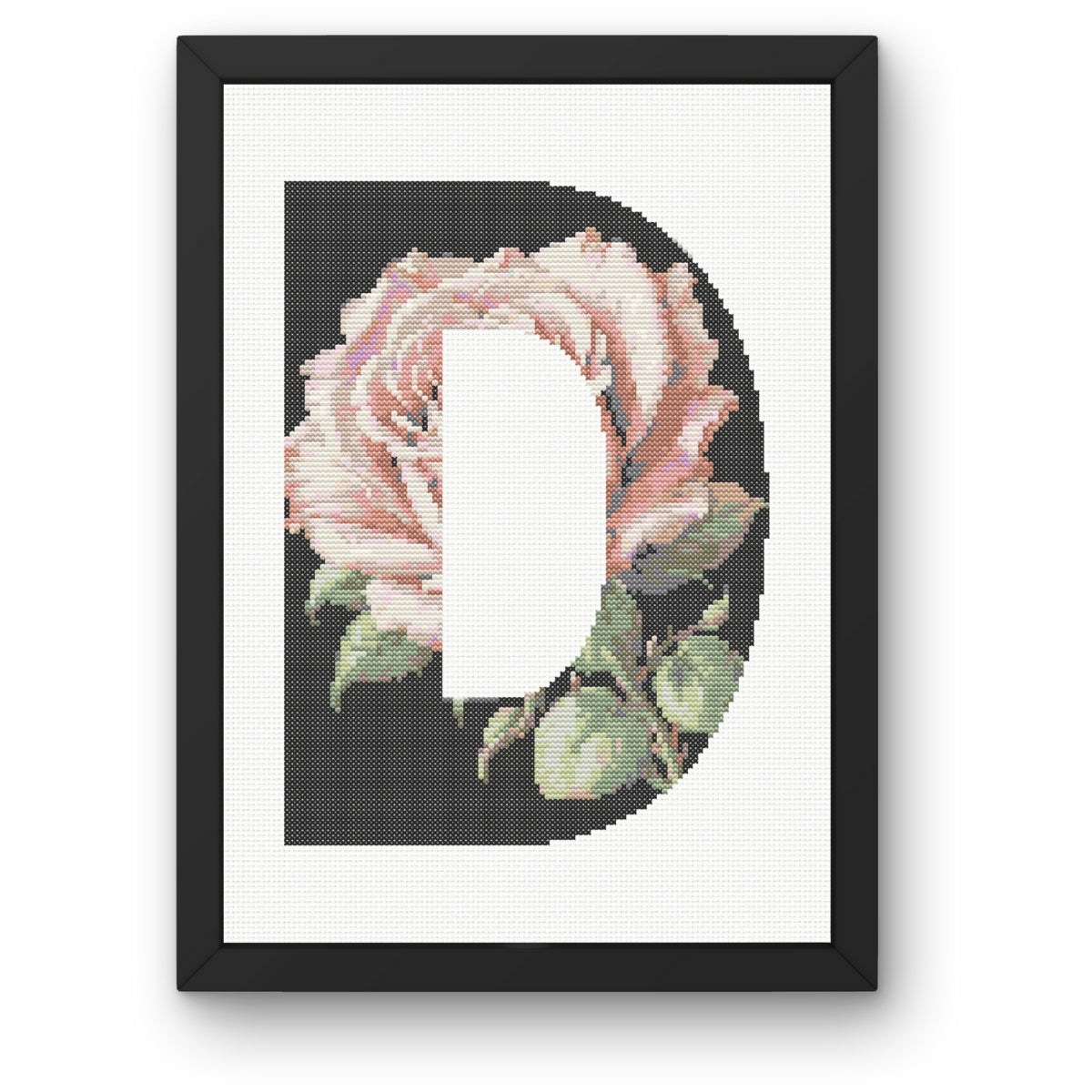 Pink Rose on Black D Monogram Cross Stitch Pattern