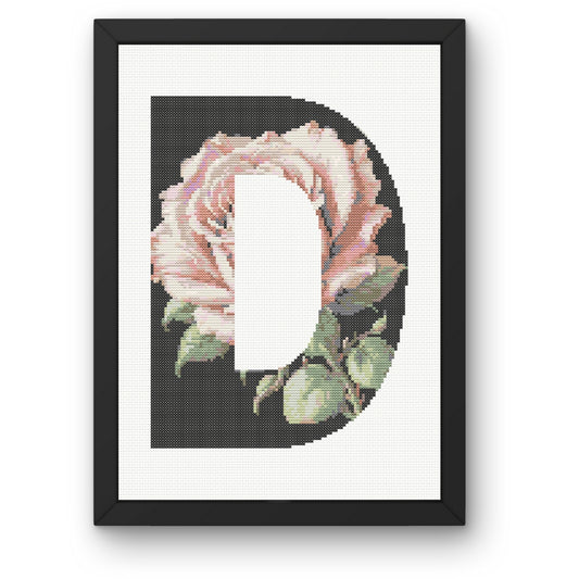 Pink Rose on Black D Monogram Cross Stitch Pattern