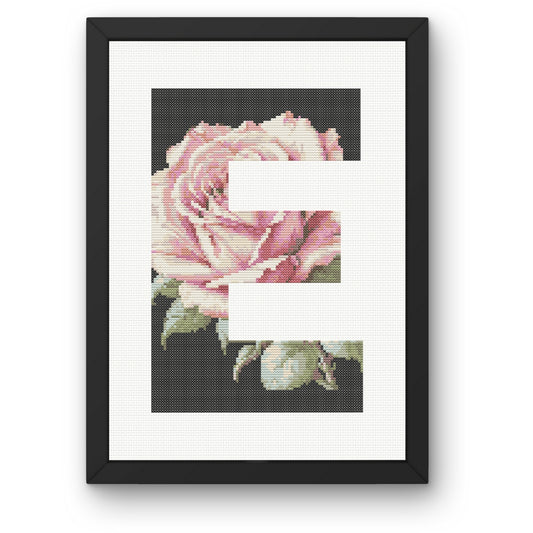 Pink Rose on Black E Monogram Cross Stitch Pattern