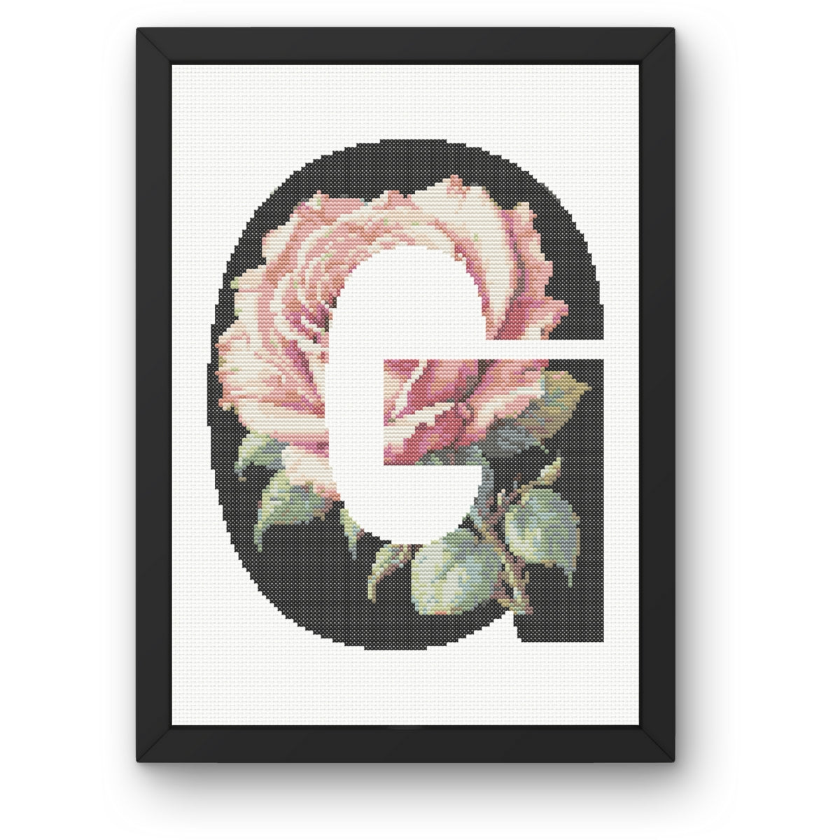 Pink Rose on Black G Monogram Cross Stitch Pattern