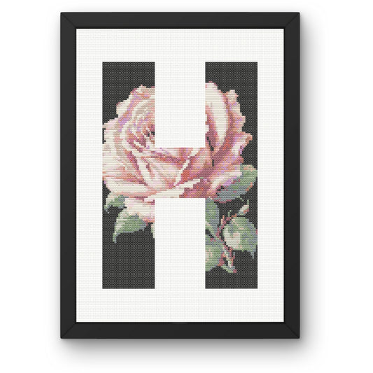 Pink Rose on Black H Monogram Cross Stitch Pattern 