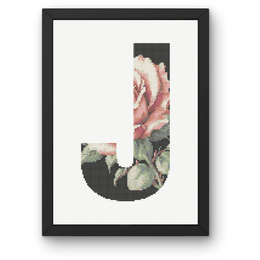 Pink Rose on Black J Monogram Cross Stitch Pattern