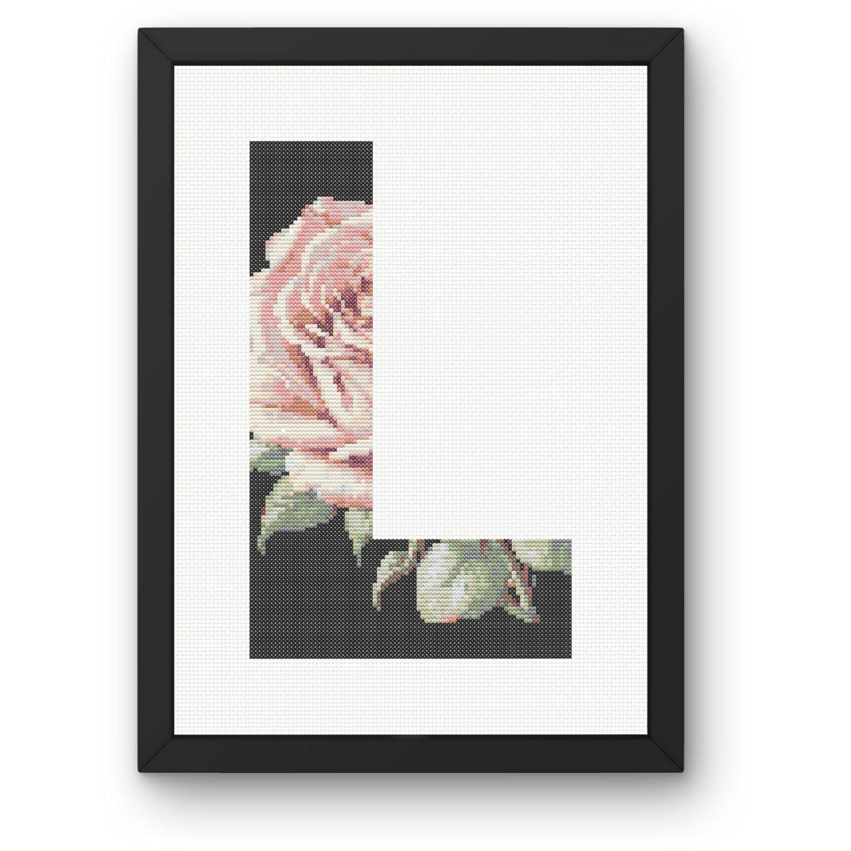 Pink Rose on Black L Monogram Cross Stitch Pattern 