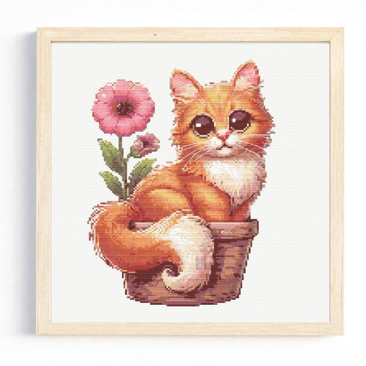 Ginger Cat in a Flower Pot Cross Stitch Pattern
