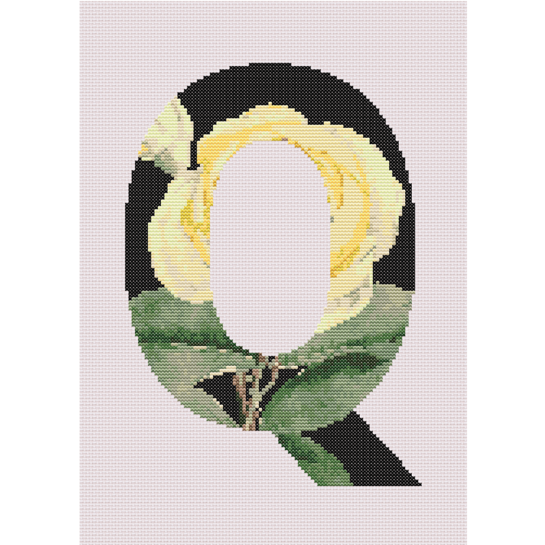 Yellow Rose on Black Q Monogram Cross Stitch Pattern 