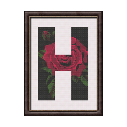 Red Rose on Black H Monogram Cross Stitch Pattern 
