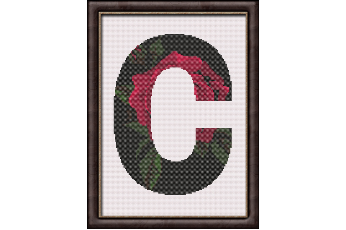 Red Rose on Black C Monogram Cross Stitch Pattern 