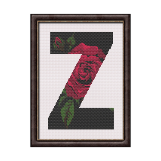 Red Rose on Black Z Monogram Cross Stitch Pattern 