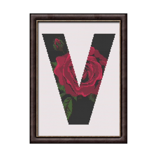 Red Rose on Black V Monogram Cross Stitch Pattern 