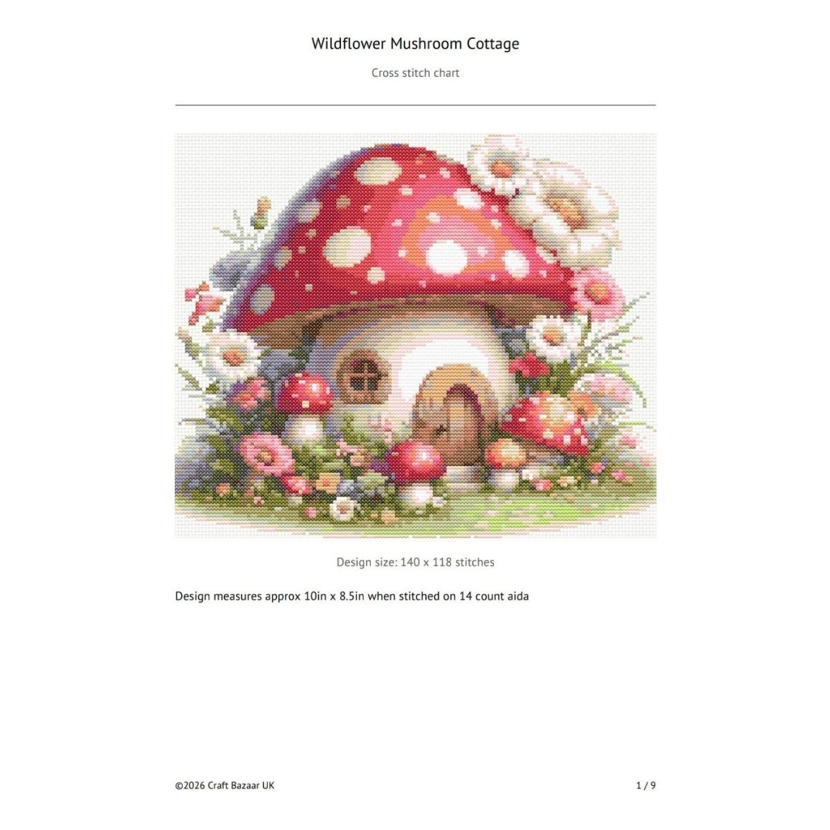 Wildflower Mushroom Cottage Cross Stitch Pattern