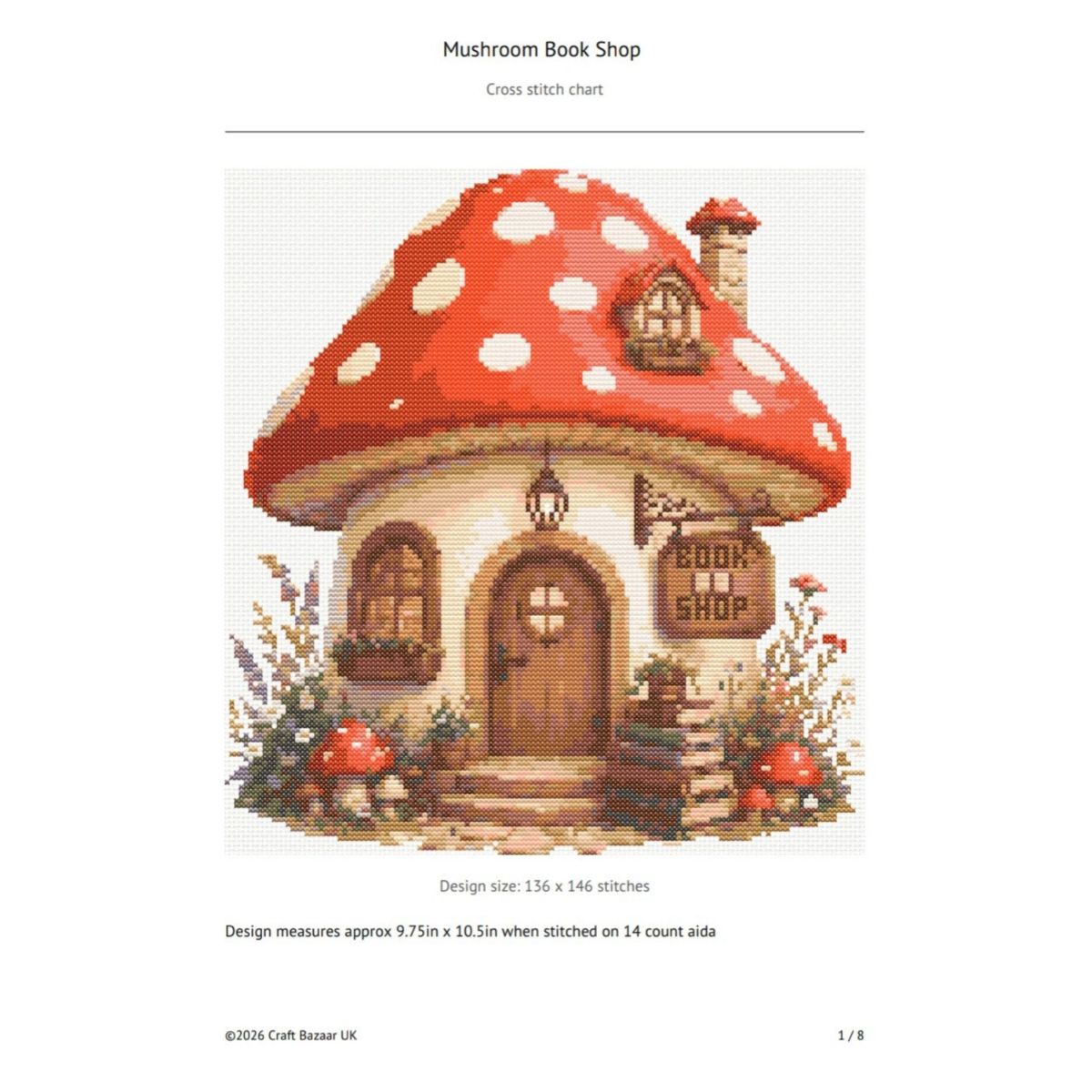 Mushroom Book Shop Cross Stitch Pattern