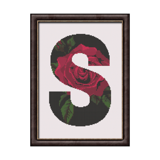 Red Rose on Black S Monogram Cross Stitch Pattern 