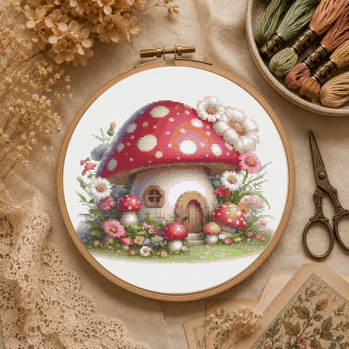 Wildflower Mushroom Cottage Cross Stitch Pattern