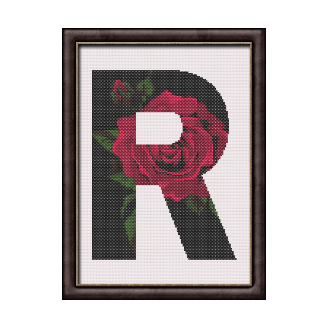 Red Rose on Black R Monogram Cross Stitch Pattern 