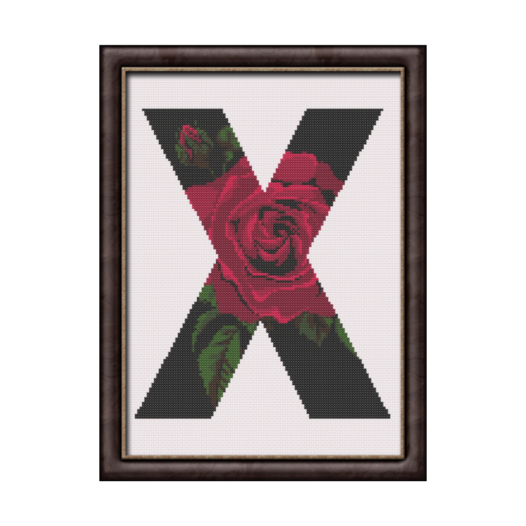 Red Rose on Black X Monogram Cross Stitch Pattern 