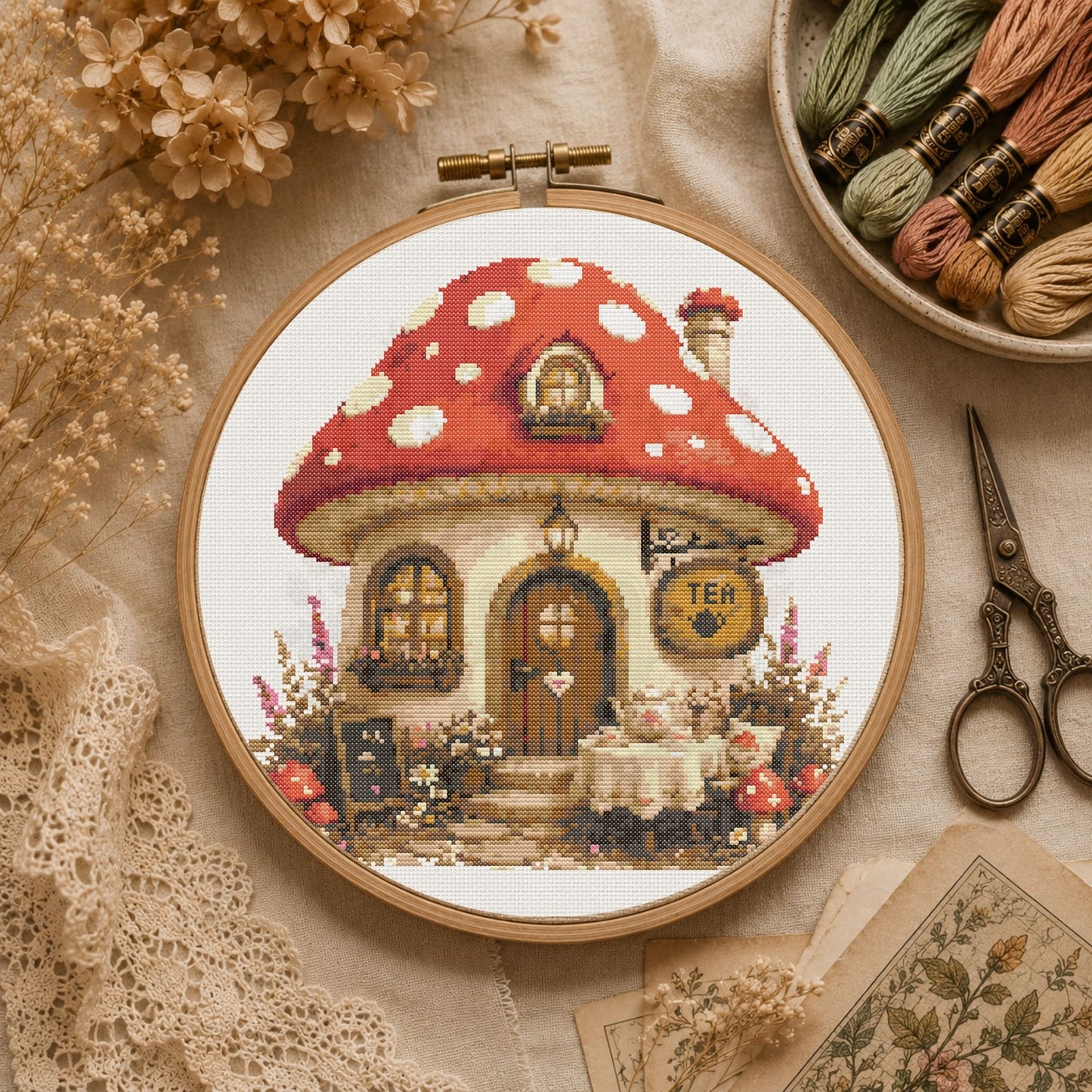 Mushroom Tea House Cross Stitch Pattern