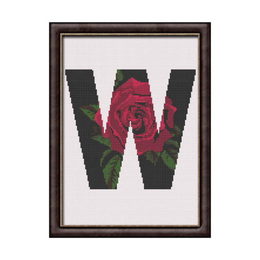 Red Rose on Black W Monogram Cross Stitch Pattern 